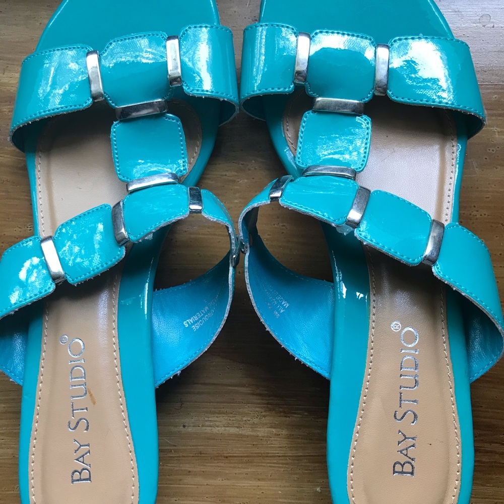 Slip on sandals. Teal and silver by Bay Studio.